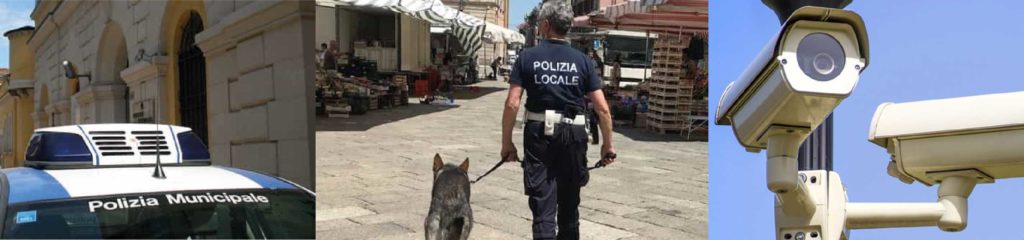 Auto polizia locale, poliziotta con cane e telecamera videosorveglianza