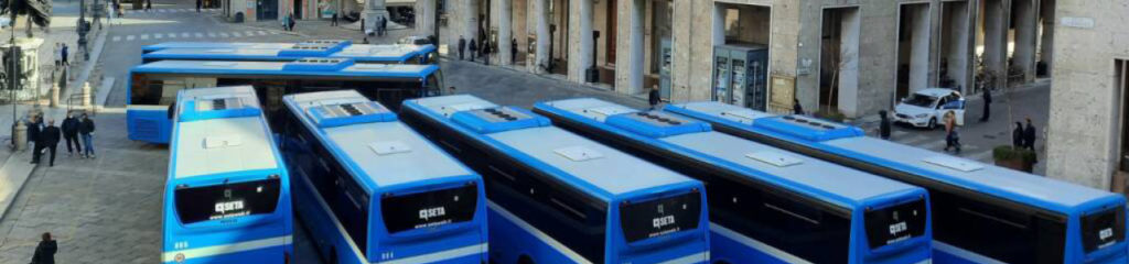 sette autobus blu parcheggiati