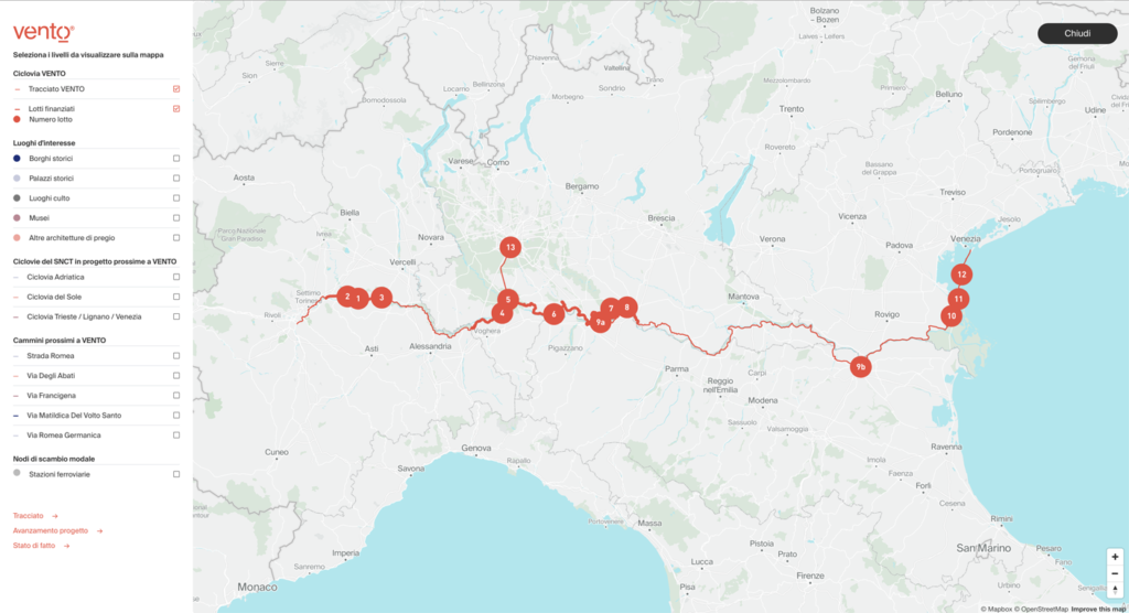 Mappa percorso ciclovia Vento da Torino a Venezia